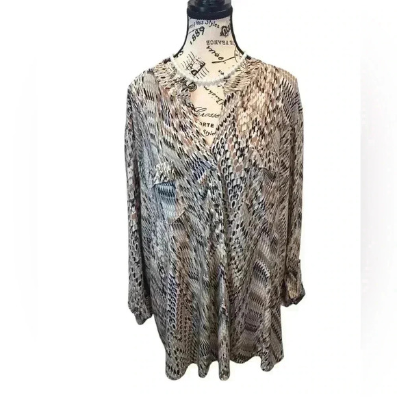 Ava & Grace Womens 3X Beige Black Geometric Print Popover Blouse Button Front - Picture 1 of 7